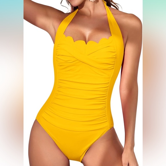 2/$35 NWT Eomenie- Yellow Halter Scallop One Piece Swimsuit-Large - Picture 1 of 5